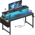 Lufeiya Black Gaming Desk with LED Lights and Power Outlets 40 Inch Teen Writing Study Table Home Office Desks with Monitor Stand Computer Desk with Charging Station USB Port Black
