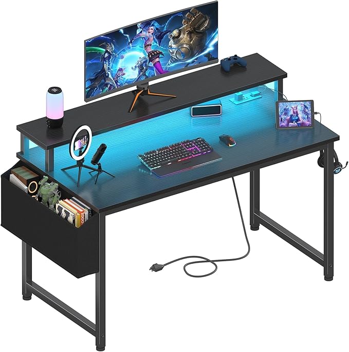 Lufeiya Black Gaming Desk with LED Lights and Power Outlets 40 Inch Teen Writing Study Table Home Office Desks with Monitor Stand Computer Desk with Charging Station USB Port Black