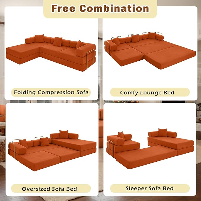 108 W Corduroy Modular Cloud Couch with Fixed-Shape Frame Oversized L-Shaped Sectional Sleeper Sofa Bed with Pull Out Bed No Assembly Modern Floor Boneless Couch for Living Room (Orange)