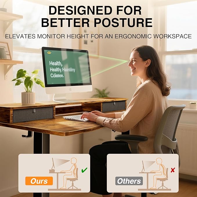 Veken 47.2×27.6 Standing Desk with Storage Drawers Adjustable Height Computer Table with Monitor Shelf Home Office Desk for Study Gaming Workstation Brown