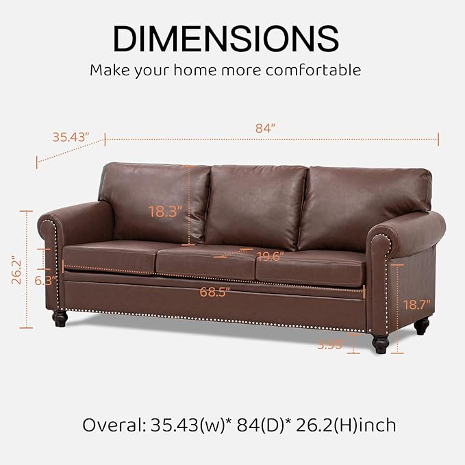 Brown Faux Leather 3 Seater Couches and Sofa Chair Set with Rivet Rolled Arm Modern Mid Century Sofas for Living Room Apartment Office Easy Assembly (Brown PU One Sofa+0ne Chair)