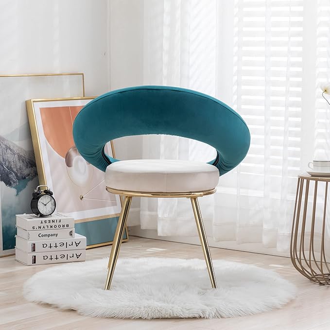 Generic Peacock BlueOff White Velvet Modern AccentConversation Lounge Chair with Gold Plated Legs Unique AppearanceSuitable for Office Lounge Living Room