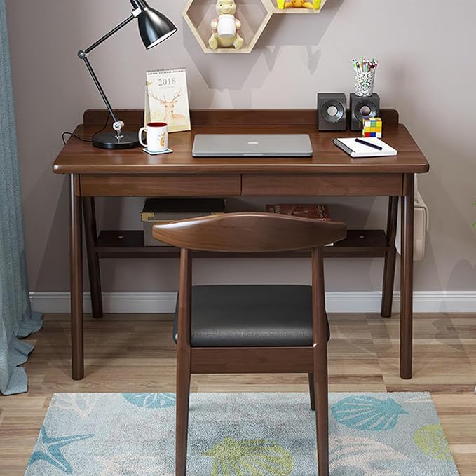 Writing Desk with 2 Drawers and Storage Shelf Modern Simple Solid Wood Writing Study Desk Workstation Home Office Desk(39Inch Walnut)