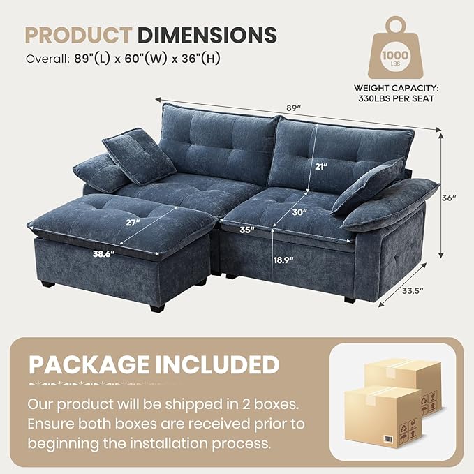 89 Modular Sectional Sofa Comfy Cloud Couch with Movable Ottoman Chenille Sectional Deep Seat Sofa with Throw Pillows/USB Ports for Living Room Office and Apartment (Blue)