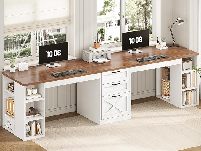 SEDETA Farmhouse 96.5 Computer Desk with Drawers 2 Person Home Office Desk Gaming Double Desk with Storage Shelves Long Two Person Writing Desk (White and Brown)