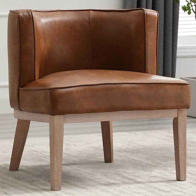 Arm Accent Chair Barrel Accent Chair with Wood Legs Brown Leather Comfy Barrel Round Side Chair Upholstered Reading Chairs with Back for Living Room Bedroom Living Room Chair Brown