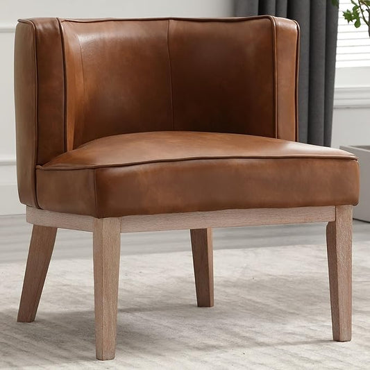 Arm Accent Chair Barrel Accent Chair with Wood Legs Brown Leather Comfy Barrel Round Side Chair Upholstered Reading Chairs with Back for Living Room Bedroom Living Room Chair Brown