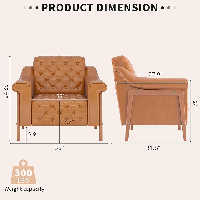 EJUNQ Cozy Accent ChairPU Leather Modern Living Room ChairsMid-Century Office Reading ChairSingle SofaArmchair for Bedroom Apartment Waiting Room(Brown1)
