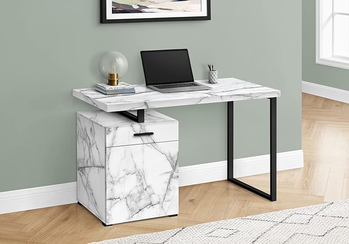 Computer Desk Home Office Laptop Left Right Set up Storage Drawers 48 l Work White Marble Look Laminate Black Metal Contemporary Modern