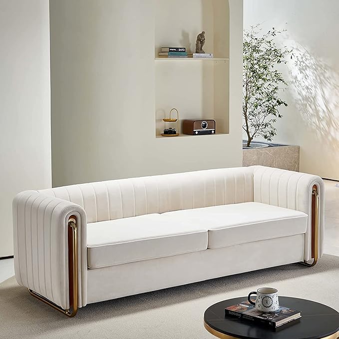 KEVINSPACE 84.25 Modern Sofa Couch Velvet Loveseat Sectional Sofa Couch with Gold Legs for 3-4 Persons Upholstered Deep Seat Love Seat Mid-Century Sofa for Living Room Office Apartment Beige