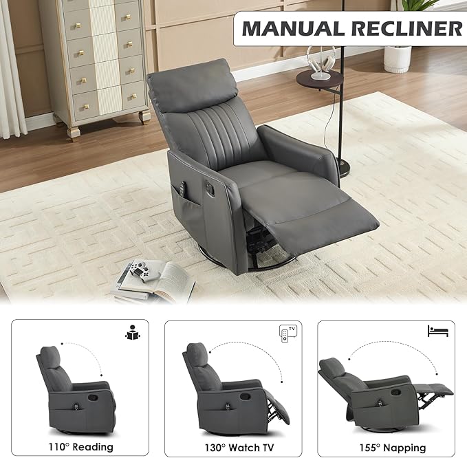 Swivel Rocker Recliner Chair 360° Swivel Recliner with Heat and Massage Rocker Recliner Nursery Glider Chair with Side Pockets for Living Room (Grey Faux Leather)