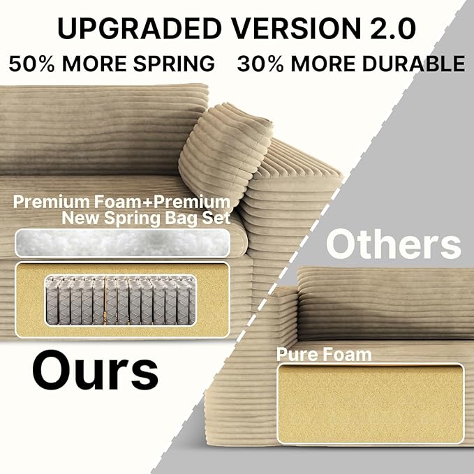 110 Sectional Couches for Living RoomOversized Boneless 3 Seater Cloud L Shaped CouchPlush Corduroy Sofa with OttomanNo Assembly RequiredBeige.