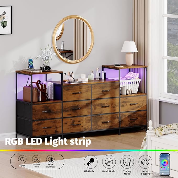 TV Stand for 50 inch TV with Charging Stantion &amp LED Light Entertainment Center with 10 Fabric Drawers Media Console Table with Open Storage Shelves for Living Room