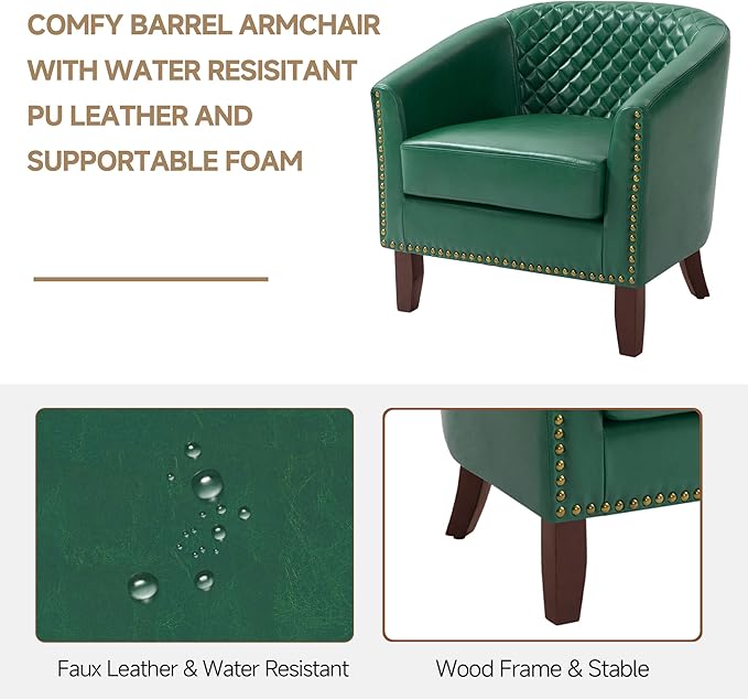 Faux Leather Accent Chairs Set of 4 Upholstered Barrel Club Chair for Living Room Comfy Round Armchair with Nailed Trim for Bedroom Office-Green