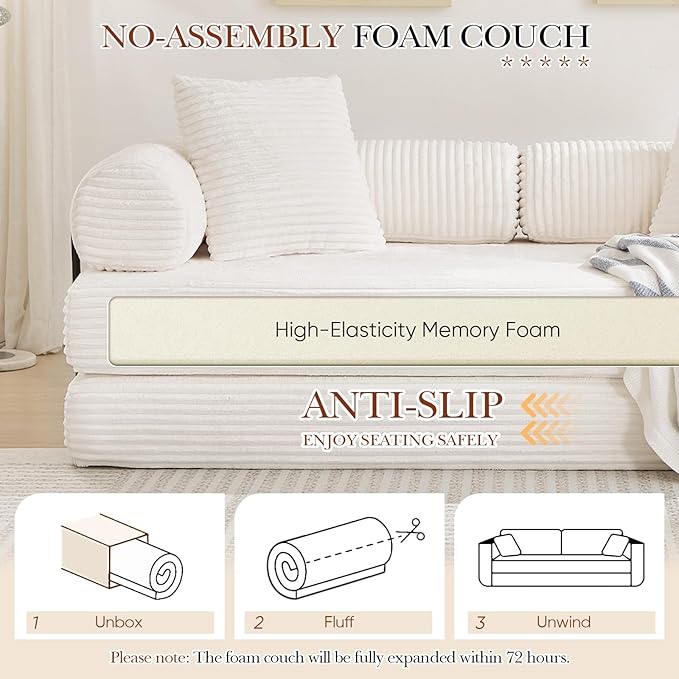 Modular Couch Bed Convertible Folding Plush Corduroy Comfy Floor Memory Foam Compression Loveseat Sleeper Sofa Couch King Size Bed for Guest Room Living Room Bedroom No Assembly Required Beige