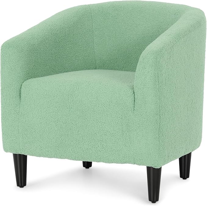 Modern Barrel Chair Furry Sherpa Accent Chair with Wood Legs Elegant Upholstered Armchair Single Sofa Chair for Bedroom Living Room Office Green