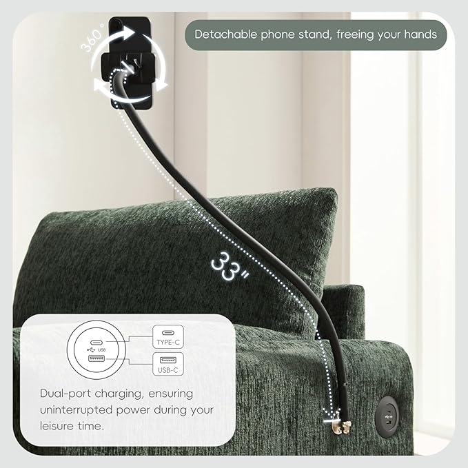 Oversized Accent Sofa Chair with Ottoman Chaise Lounge Chair with USB Charger Phone Holder Side Pockets Chenille Reading Armchair for Living Room Bedroom Home Theater(Olive Green)