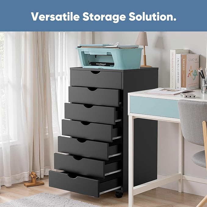OLIXIS 7 Drawer Mobile File Cabinet Under Desk Storage Organization with Wheels Vertical Filing Chest Rolling Wood Small Desk Printer Stand for Home Office 15.75D x 18.74W x 34.25H Black