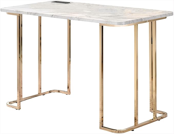HOMES: Inside + Out Sevehills Modern Metal 48 in. Writing Desk with USB Port for Home Office White and Gold
