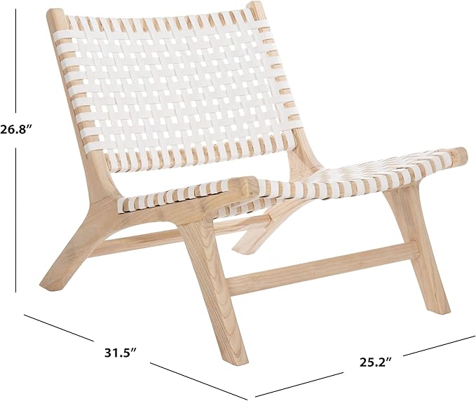 SAFAVIEH Home Collection – Luna Natural Solid Wood &amp White Leather Woven Accent Chair Contemporary Lounge Chair Fully Assembled (ACH1002A)