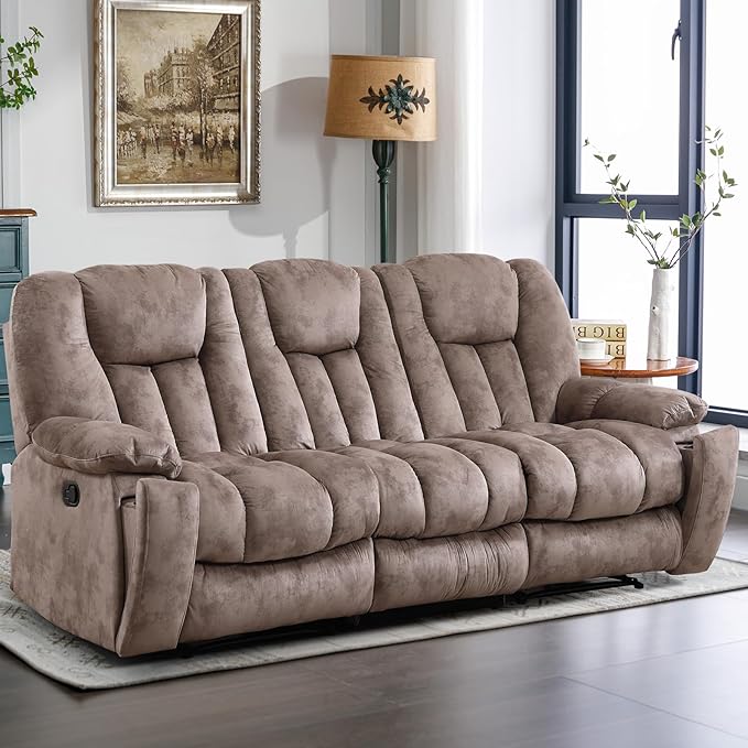 EBELLO Reclining Sofa for Living Room Extra Wide Modern Overstuffed 3 Seat Recliner Manual Sofa Chair with Hidden Armrest Cup Holders Breathable Soft Fabric and Padded Seat Light Brown