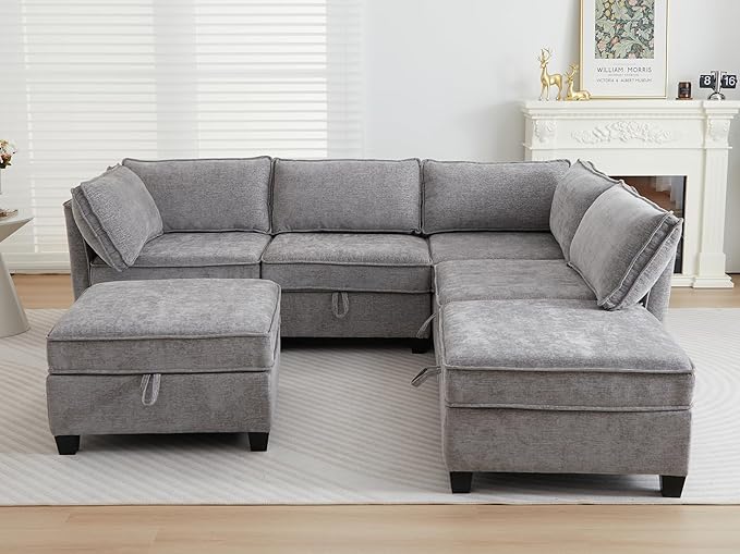 ORRD Corner Modular Sectional Sofa Set Convertible L Shaped Couch with Storage 6 Seater Sofa Modular with Ottomans and Reversible Chaise for Living Room Office (Grey)