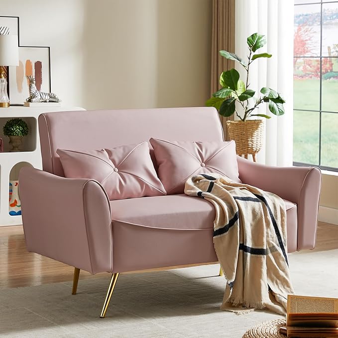 Brelice 48 Faux Leather Loveseat Sofa Modern Small Couch for Small Space with 2 Pillows 2 Seater Couch for Living Room Bedroom Office Apartment (Pink)