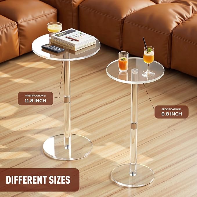 11.8 Round Clear Acrylic End Table - Modern Small Space Side Table for Living Room Bedroom Office Outdoor | Sturdy Easy to Install Multi-Purpose