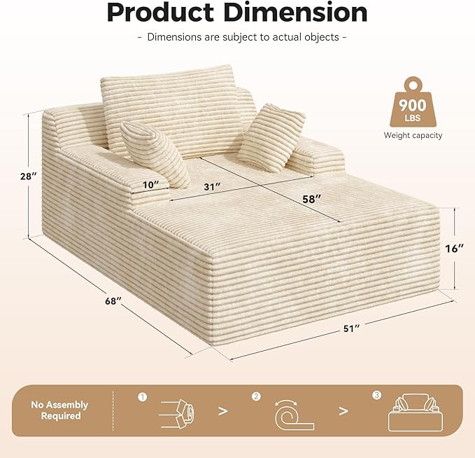 51'' Oversized Chaise Lounge Chair Indoor Non-Assembly Deep Seat Sofa Bed Corduroy Sleeper Cloud Boneless Couch with 2pcs Pillows for Reading Living Room-Khaki