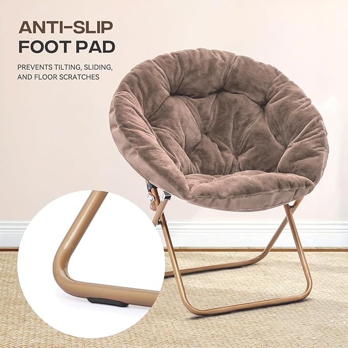 Cozy Saucer Chair Living Room Chair Faux Fur Soft Thick Padded Folding Chair Comfortable Moon Chair for Living Room Bedroom Reading Nook Modern Style Light Brown