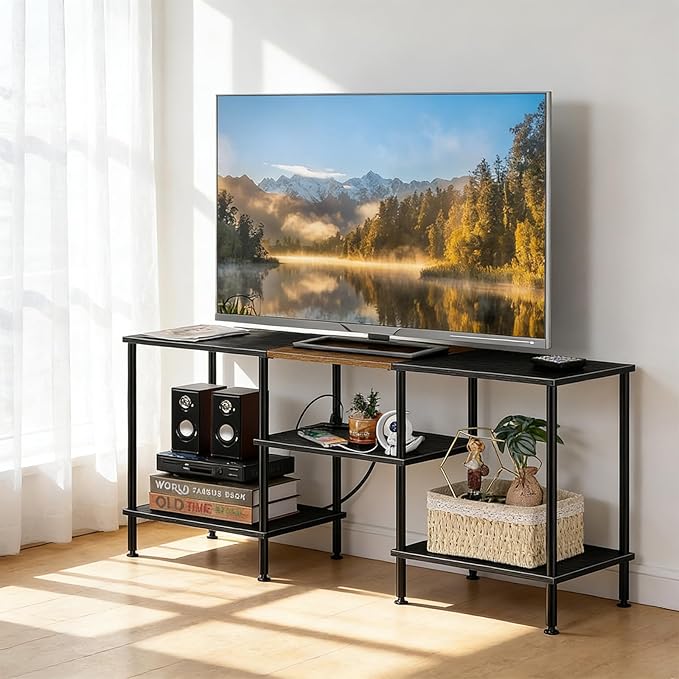 OYEAL Black Bedroom TV Stand with Power Outlets up to 50 inch TV Small Entertainment Center Stand with Storage Modern Media TV Console Table for Living Room Bedroom