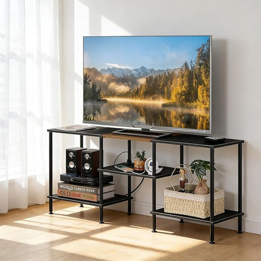 OYEAL Black Bedroom TV Stand with Power Outlets up to 50 inch TV Small Entertainment Center Stand with Storage Modern Media TV Console Table for Living Room Bedroom