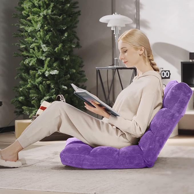 Giantex Floor Chair with Back Support 14 Adjustable Position Padded Sleeper Bed Couch Recliner Folding Gaming Floor Chairs for Adults Living Room Bedroom Yoga Meditation Purple
