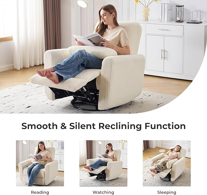 360° Swivel Glider Recliner Chair Oversized Rocker Recliner with Heating and Massage Glider Chair for Nursery with Pillow24 Extra Wide Rocking Chair for Living Room Corduroy Beige