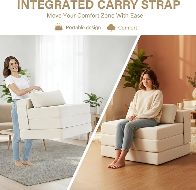 Tiita Folding Sofa Bed Chair 4-Fold Convertible Sleeper Chair with Lumbar Pillow Washable Cover &amp Side Pocket Floor Couch Bed with Raised Seat Single Size for Small Spaces Beige