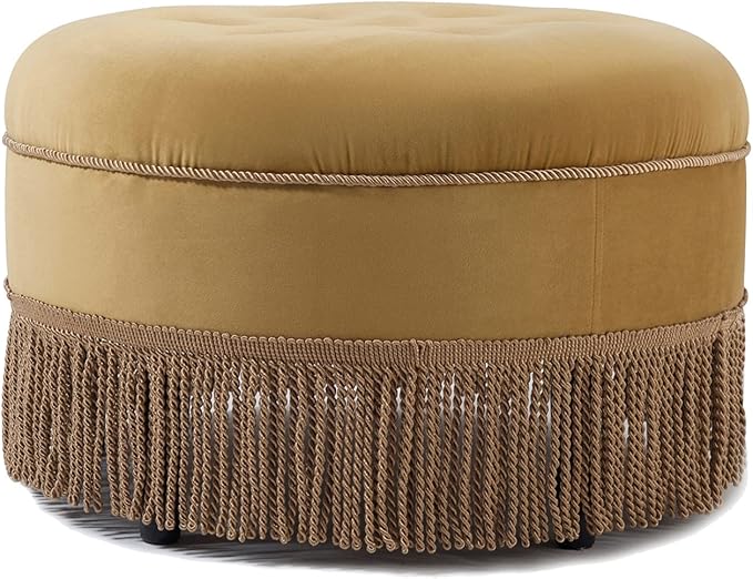 24 Velvet Round Ottoman with Medium Firm Foam Cushion &amp Gold Tassel Trim Sofa Bench with Upholstered Accent Footstool &amp Button-Tufted Seat for Living RoomBedroomOffice Yellow