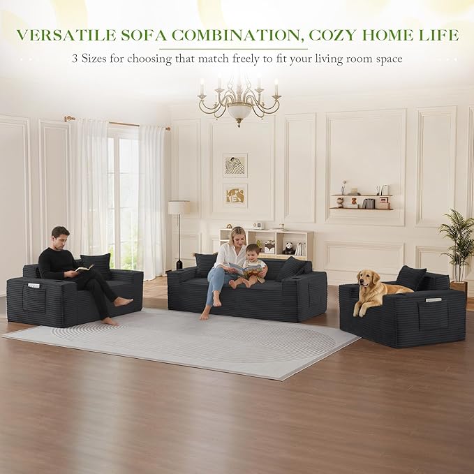 3 Piece Boneless Corduroy Sofa Set 43.3-Inch Accent Chair + 61-Inch Loveseat Sofa + 80.7-Inch 3-Seater Sofa with Cup Holder Modern Deep Seat Couch Set for Living Room Bedroom No Assembly Grey