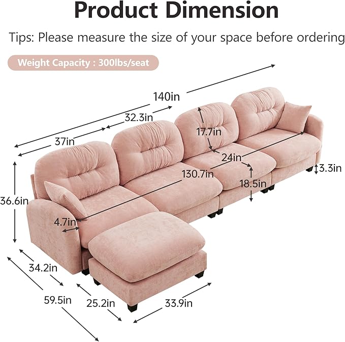 Livavege 140 Oversized Sectional Sofa 4 Seater Comfy L Shaped Couch Set with Ottoman Fluffy Pink Modular Cloud Sofa w/Tufted Cushion Backrest Chenille Couches for Living Room Apartment