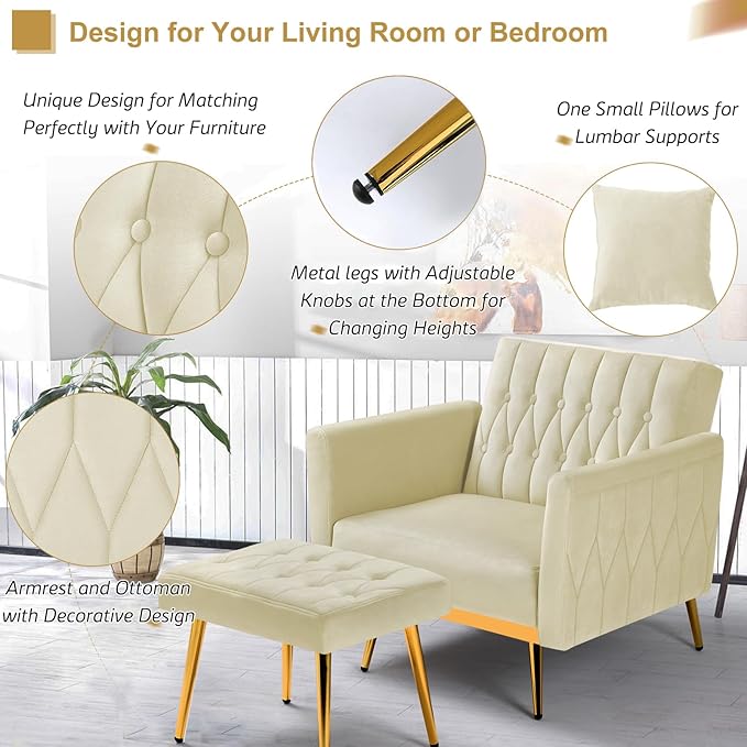 2 Pieces Velvet Sofa Set with Adjustable Armrest and Backrest 70” Convertible Futon Sofa Bed &amp Mordern Accent Chair with Ottoman for Living Room Bedroom Beige