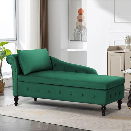 Upholstered Chaise Lounge with Left Armrest &amp Lumbar PillowButton Tufted Lounge Sofa with StorageLounge Chair IndoorModern Velvet Lounge Chair for Bedroom Living Room and OfficeGreen