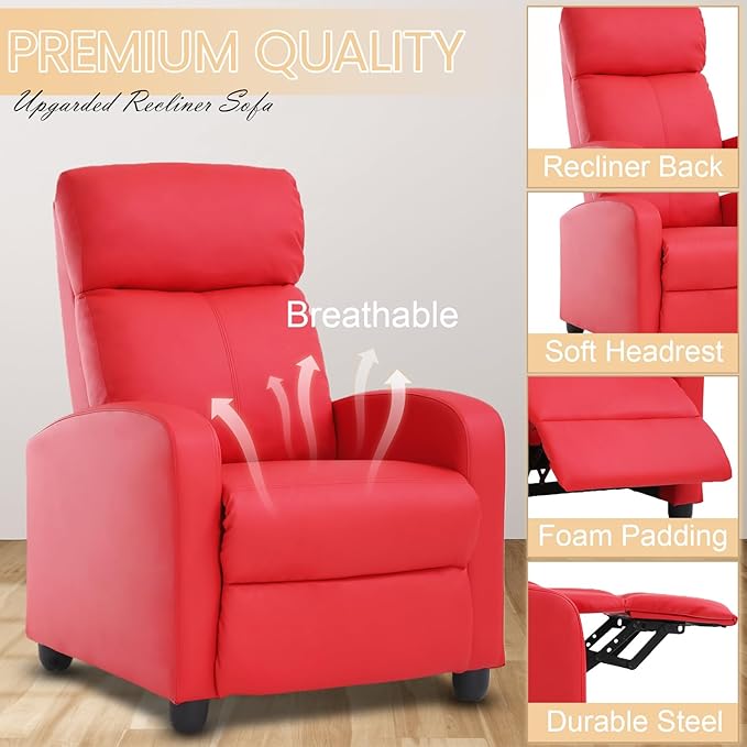 Recliner Chair Breathable Padded PU Leather Massage Single Sofa Recliners for Small Recliner Chair with Footrest Home Theater Seating for Bedroom Living RoomRed