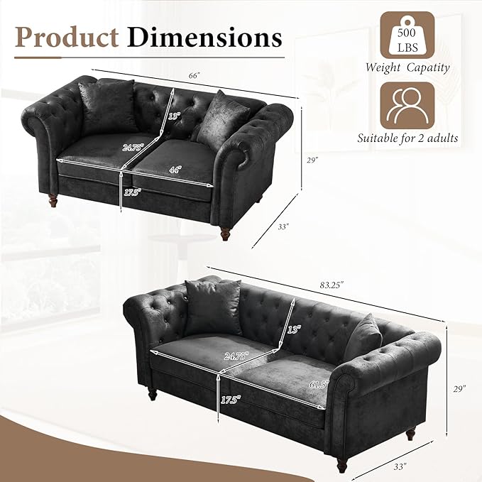 TTK Chesterfield Faux Leather Fabric Sofa Set 2-Seater Loveseat + 3-Seater Couch Combo Upholstered Tufted Rolled Arm Mid Century Modern Sofa Set for Living Room Office Apartment Black
