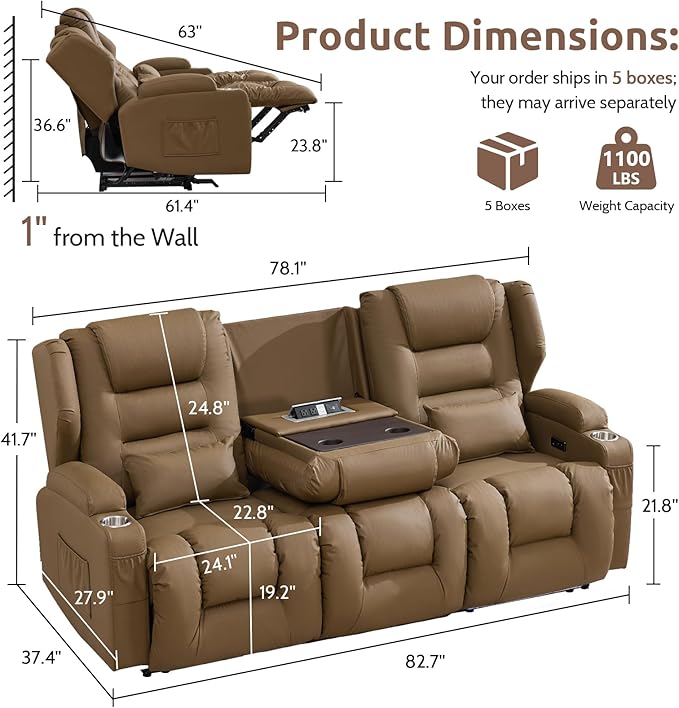 SAMERY Loveseat Recliner Sofa Power Reclining Loveseat Sofa Wall Hugger Recliners RV Couch with Flip-Backrest Solid Wood Top Ambient LED Lights USB-C Outlets Faux Leather Khaki | Extra Wide Se