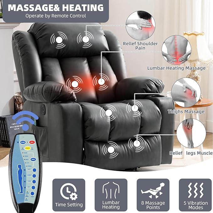 Power Lift Recliner Chair for Elderly Electric Recliner Chairs for Adults with Massage and Heat Cup Holders Remote Control Side Pockets USB Ports Leather (Black)