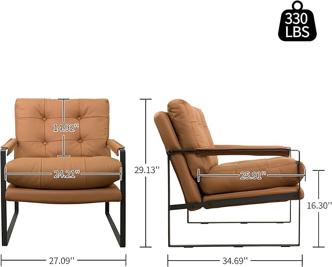 Art Leon Genuine Leather Accent Chair Mid Century Modern Arm Chair with Black Metal Frame Single Sofa Chair for Living Room Bedroom Gray