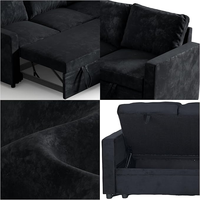 Modular Sofa Bed Couch with Storage 82 Reversible Sleeper Sofas with Pull Out Bed Pull Out Couch for Living Room Apartment Bedroom Office Velvet Black
