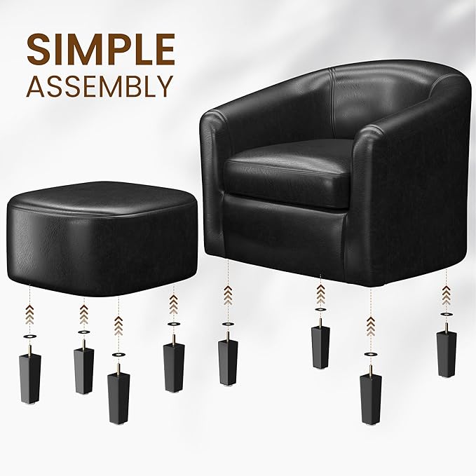 Yaheetech Accent Chair with Ottoman Set Modern Faux Leather Upholstered Soft Barrel Chair and Footrest Club Armchair and Footstool for Living Room/Bedroom/Reading Room/Guest Room Black