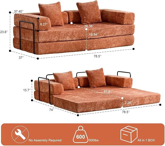 77 Convertible Sleeper Sofa Bed with Fixed-Shape Frame Modern Chenile Folding Boneless Couch with 2 Pillows Comfy Floor Sofa Couch for Living Room No Assembly Required Orange
