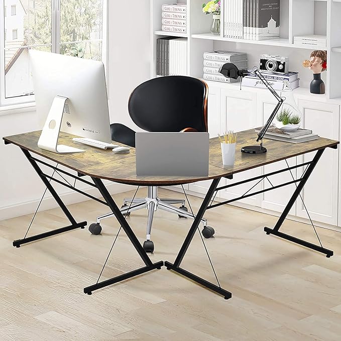 GRAFFY L-Shaped Computer DeskGaming Corner Desk Writing Workstation with Large Monitor Stand Study Desk with Round Corner Multifunctional Home Office Desk (Brown)
