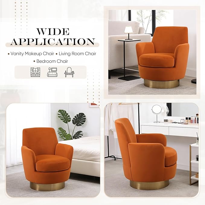360° Swivel Barrel Chair Set of 2 28.3 Modern Velvet Round Accent Chair Comfy Upholstered Small Armchair with Gold Metal Base for Living Room Bedroom Nursery Office Sillas para Sala Orange
